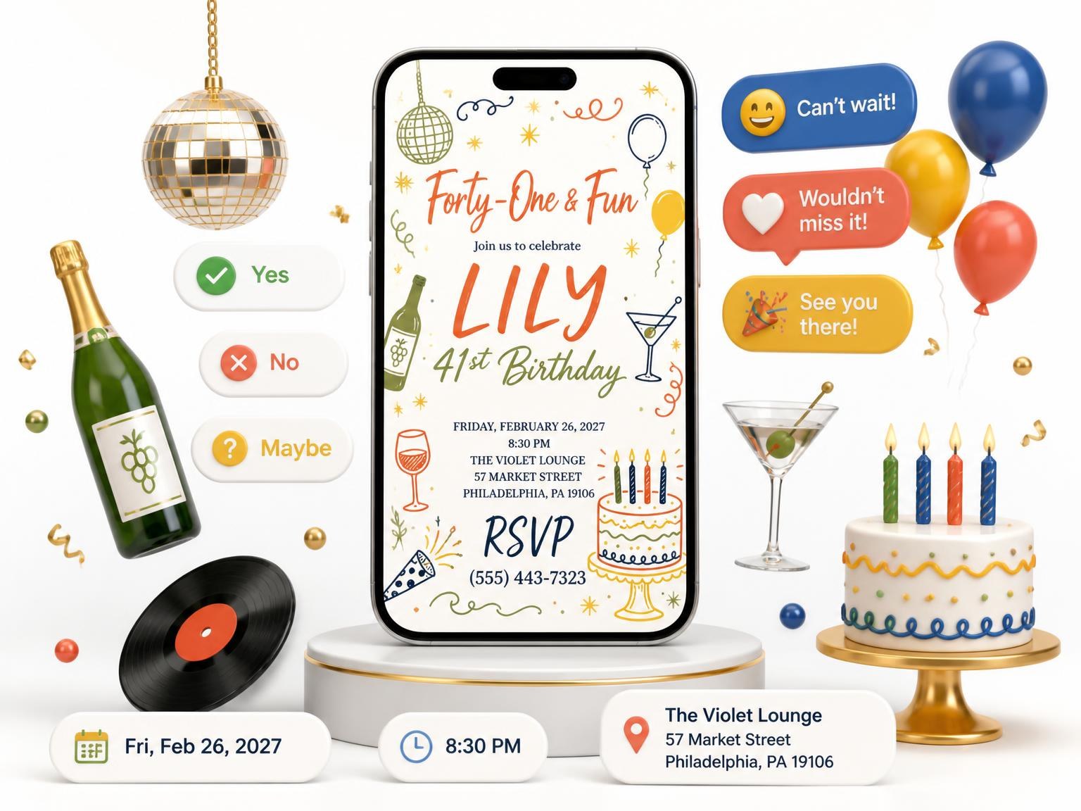 The Retro Doodle 41st Birthday Invitation invitation on a phone, with guest RSVPs arriving around it