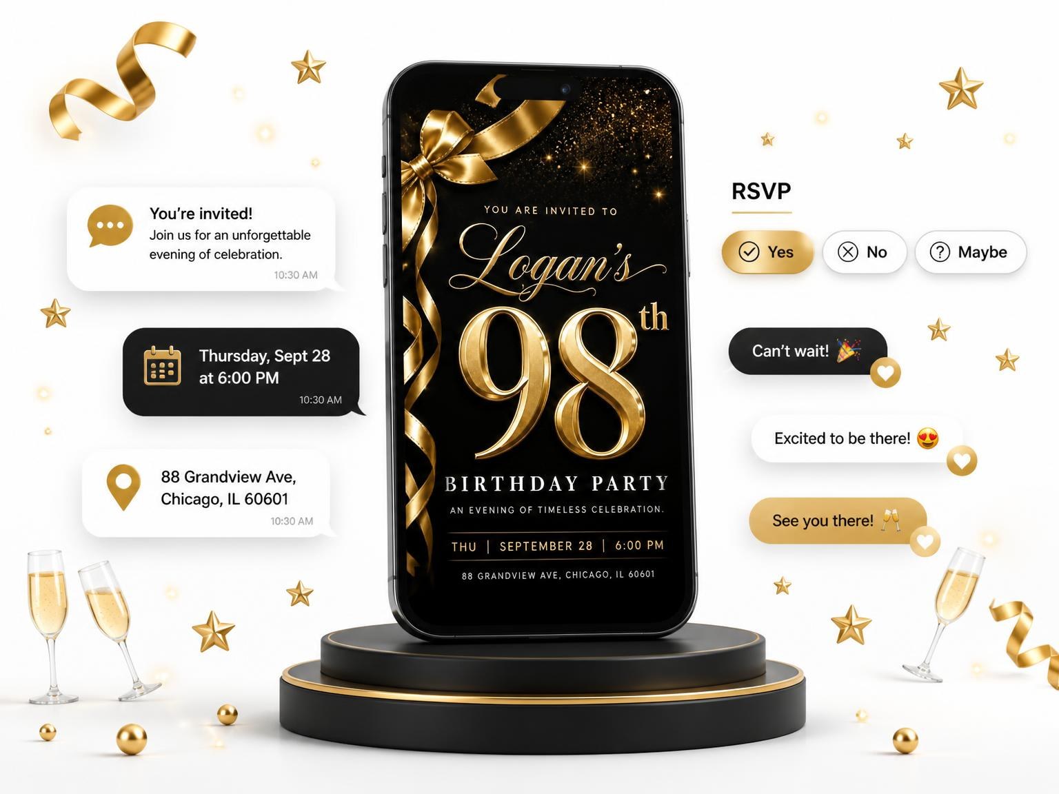 The Black and Gold Ribbon 98th Birthday invitation on a phone, with guest RSVPs arriving around it