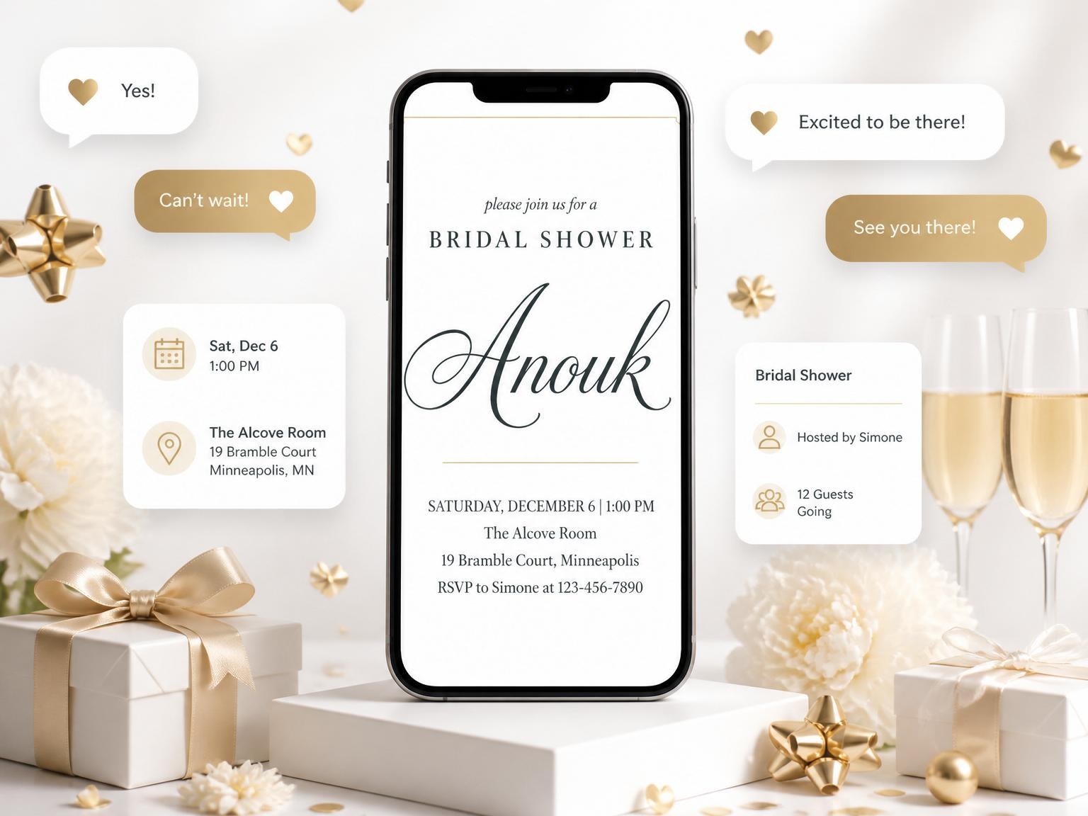 The Minimalist Gold Line Bridal Shower invitation on a phone, with guest RSVPs arriving around it