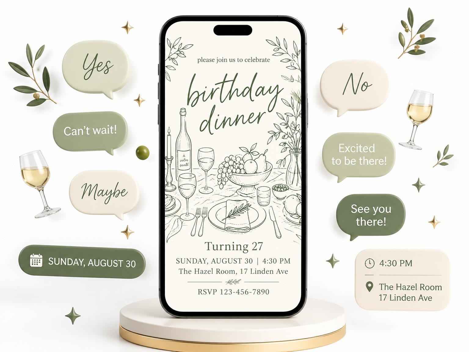The Forest Green Botanical Table Birthday invitation on a phone, with guest RSVPs arriving around it