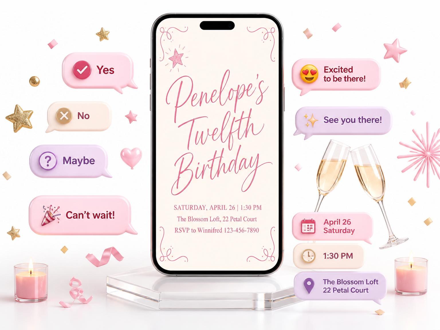 The Pink Star Cream 12th Birthday Invitation invitation on a phone, with guest RSVPs arriving around it