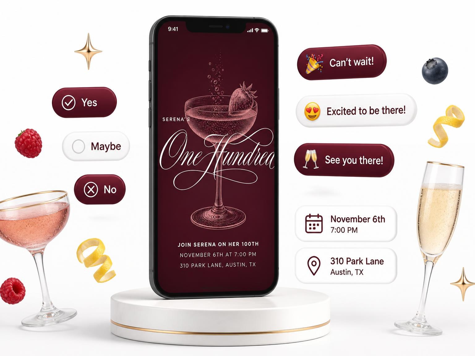 The Burgundy Cocktail 100th Birthday Invitation invitation on a phone, with guest RSVPs arriving around it