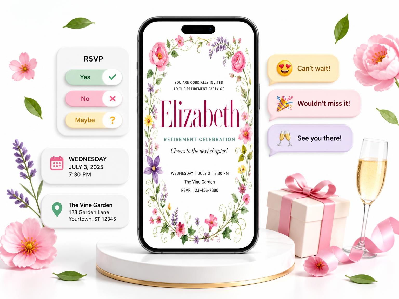 The Floral Wreath Retirement Party Invitation invitation on a phone, with guest RSVPs arriving around it