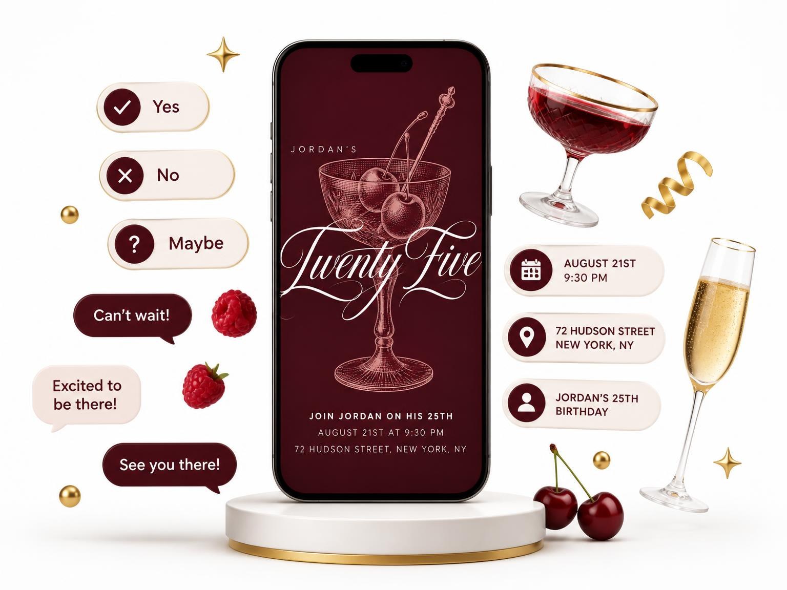 The Burgundy Cocktail 25th Birthday Invitation invitation on a phone, with guest RSVPs arriving around it