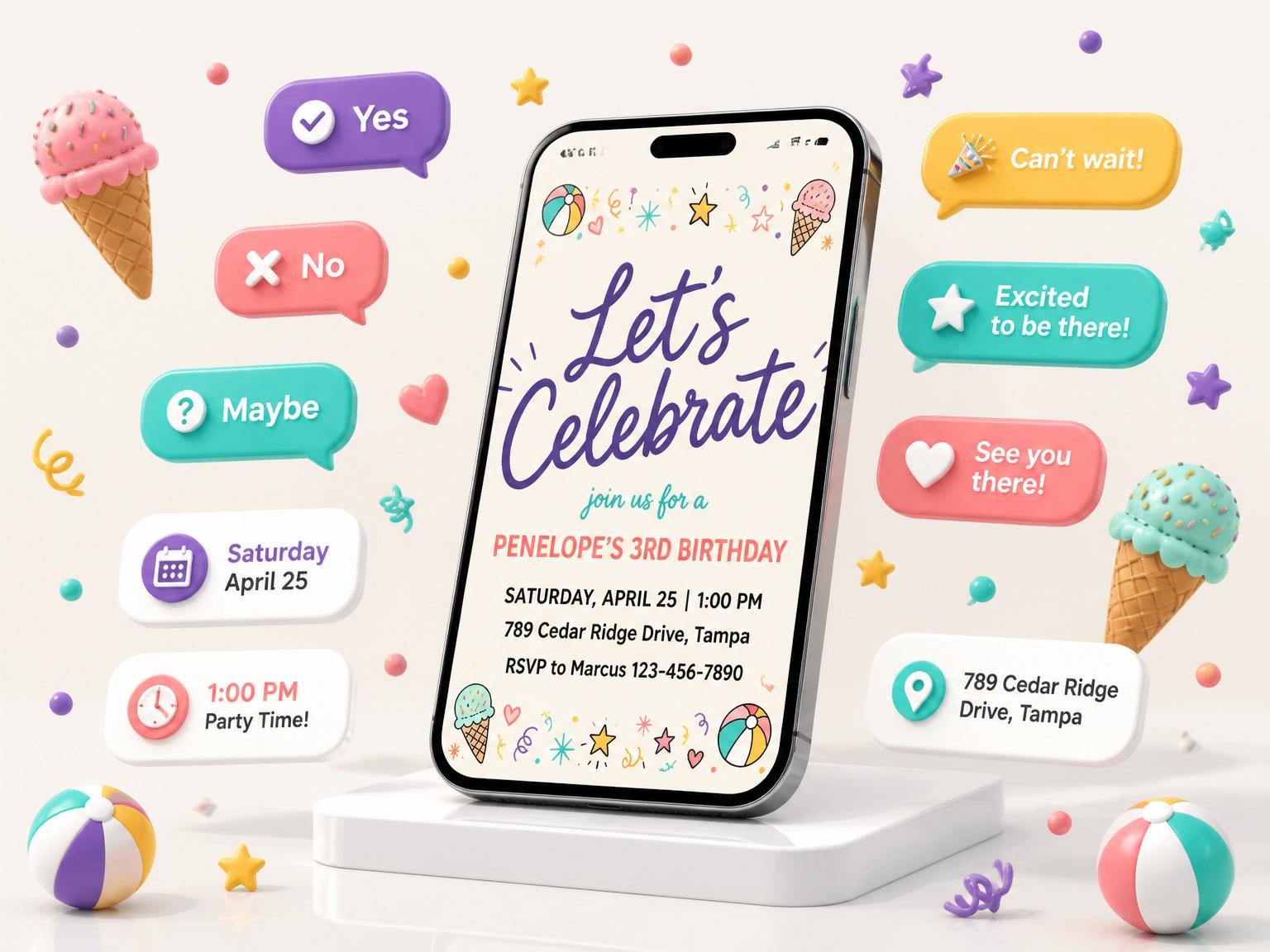 The Doodle Motif Multicolor 3rd Birthday invitation on a phone, with guest RSVPs arriving around it