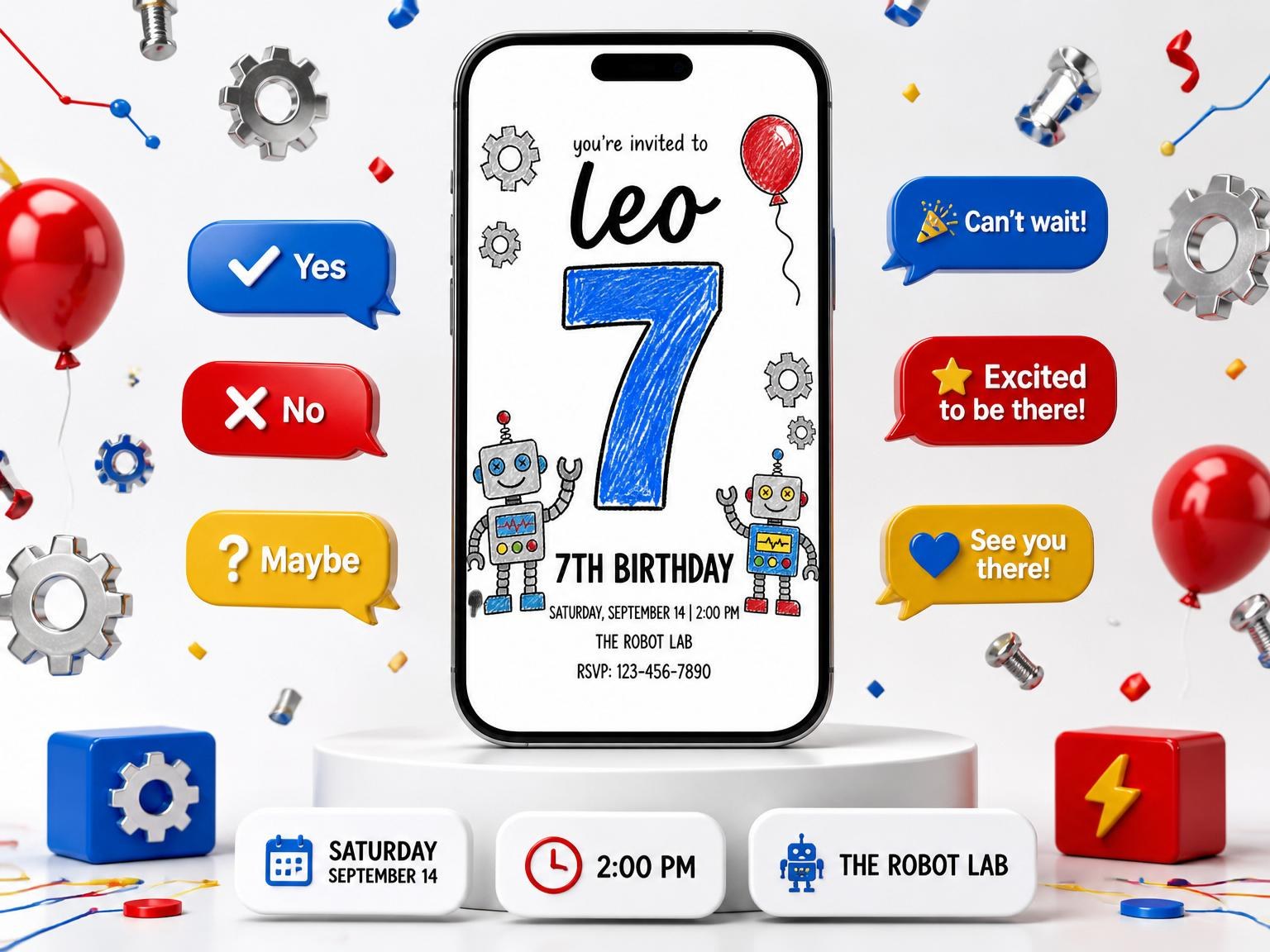 The Crayon Robot Gear 7th Birthday invitation on a phone, with guest RSVPs arriving around it