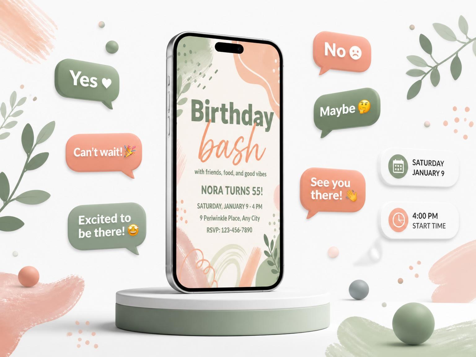 The Sage and Peach Abstract 55th Birthday invitation on a phone, with guest RSVPs arriving around it