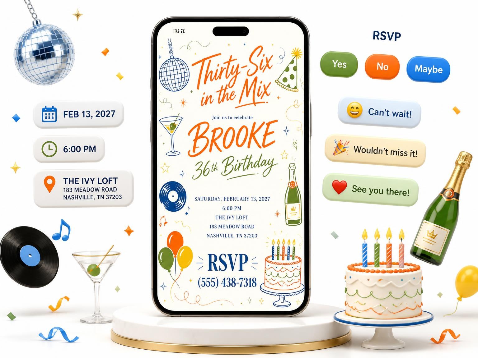 The Retro Doodle 36th Birthday Invitation invitation on a phone, with guest RSVPs arriving around it