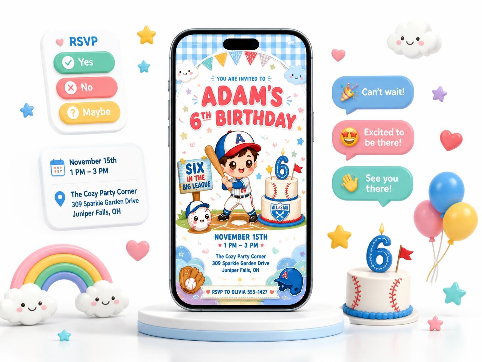 The Baseball Cake Kawaii 6th Birthday Invitation invitation on a phone, with guest RSVPs arriving around it