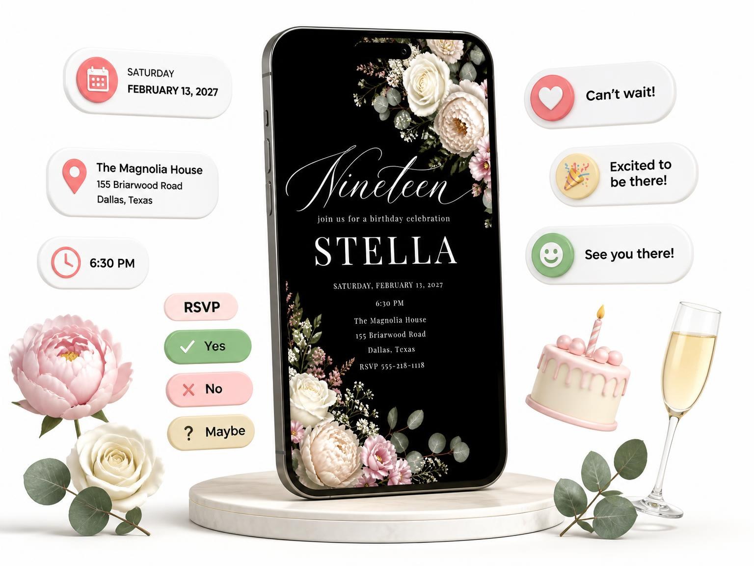 The Black Floral 19th Birthday Invitation invitation on a phone, with guest RSVPs arriving around it