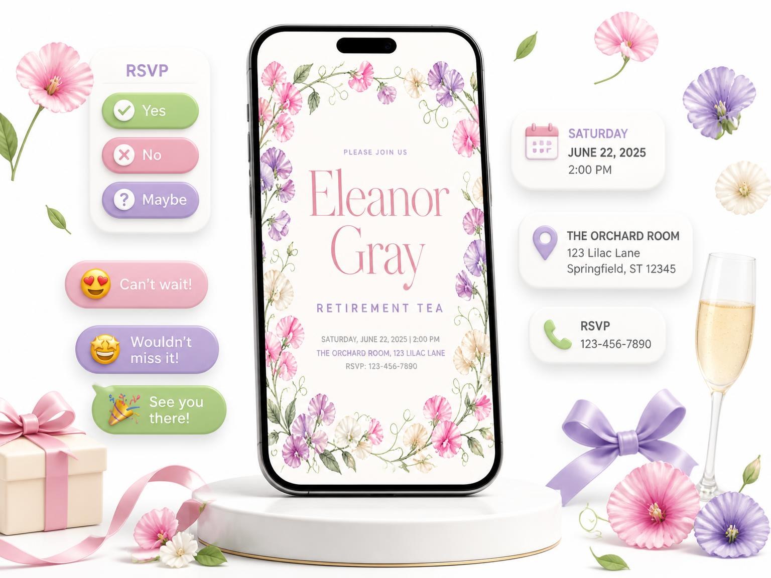 The Winding Vines Retirement Tea Invitation invitation on a phone, with guest RSVPs arriving around it