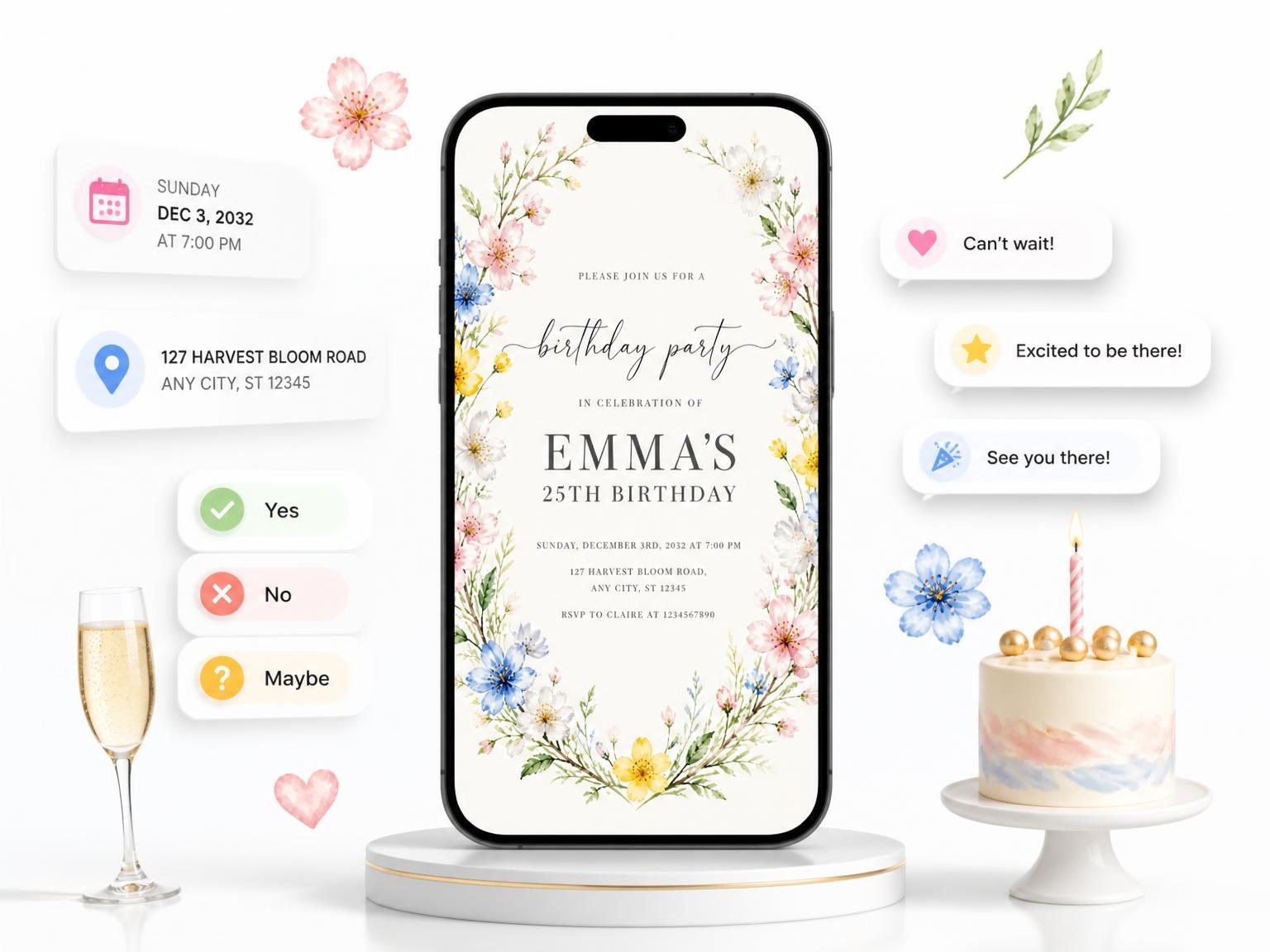 The Spring Floral Wreath 25th Birthday Invitation invitation on a phone, with guest RSVPs arriving around it