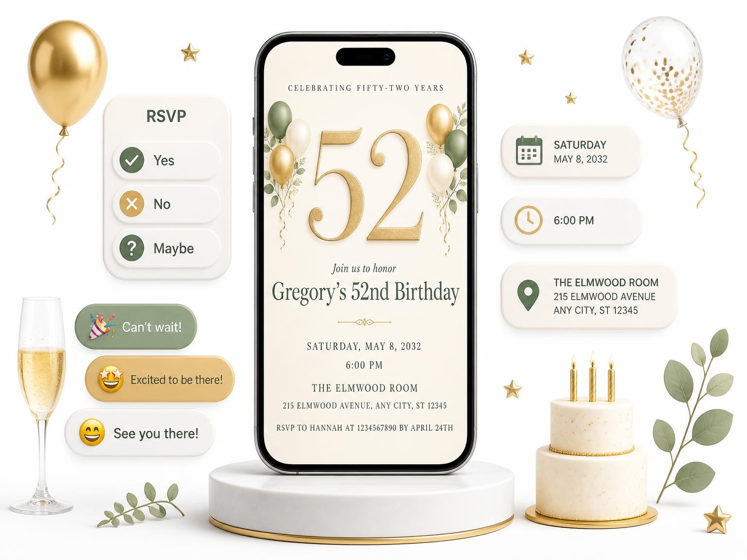 The Sage and Ivory 52nd Birthday Invitation invitation on a phone, with guest RSVPs arriving around it