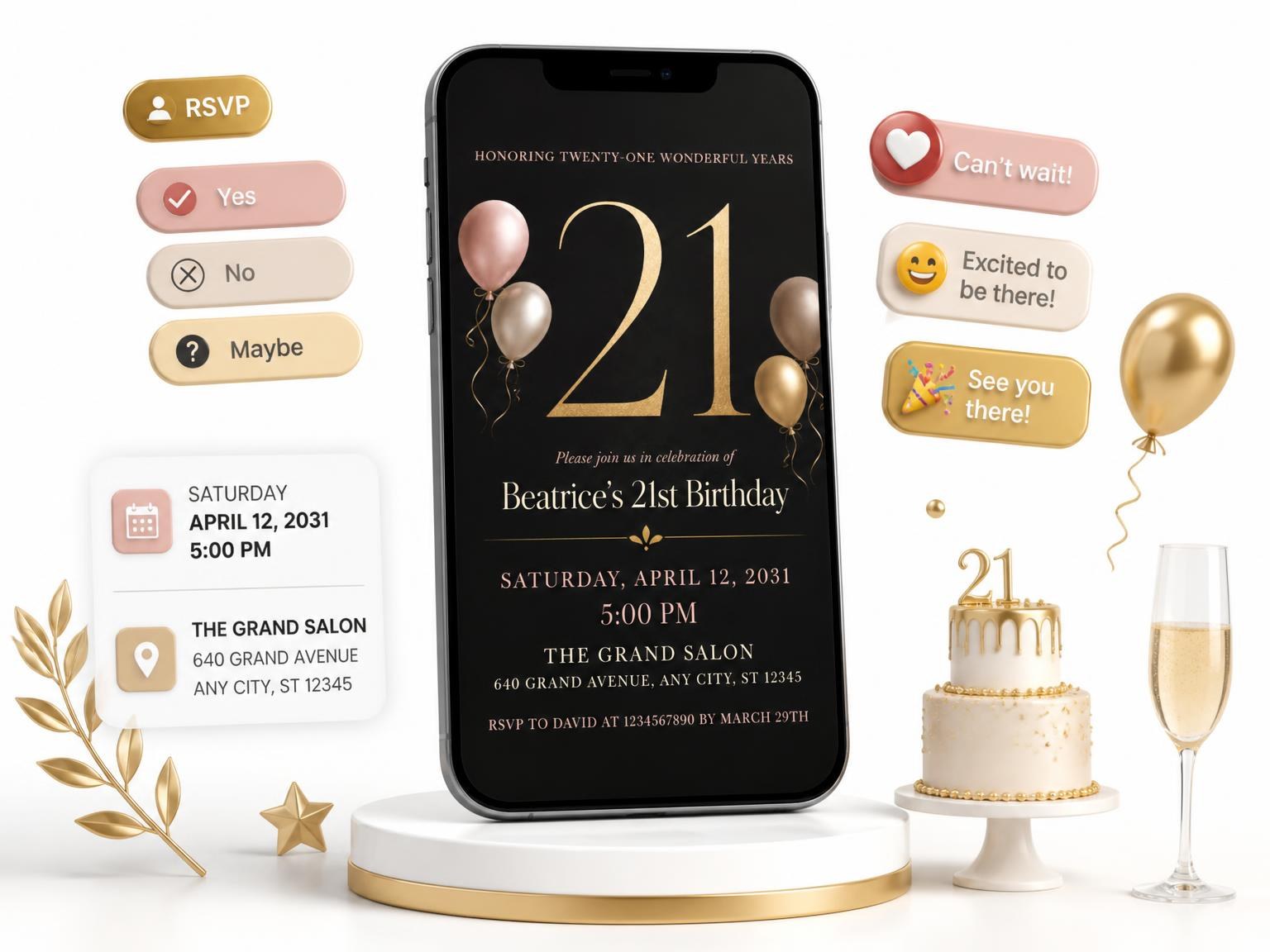The Charcoal and Blush 21st Birthday Invitation invitation on a phone, with guest RSVPs arriving around it