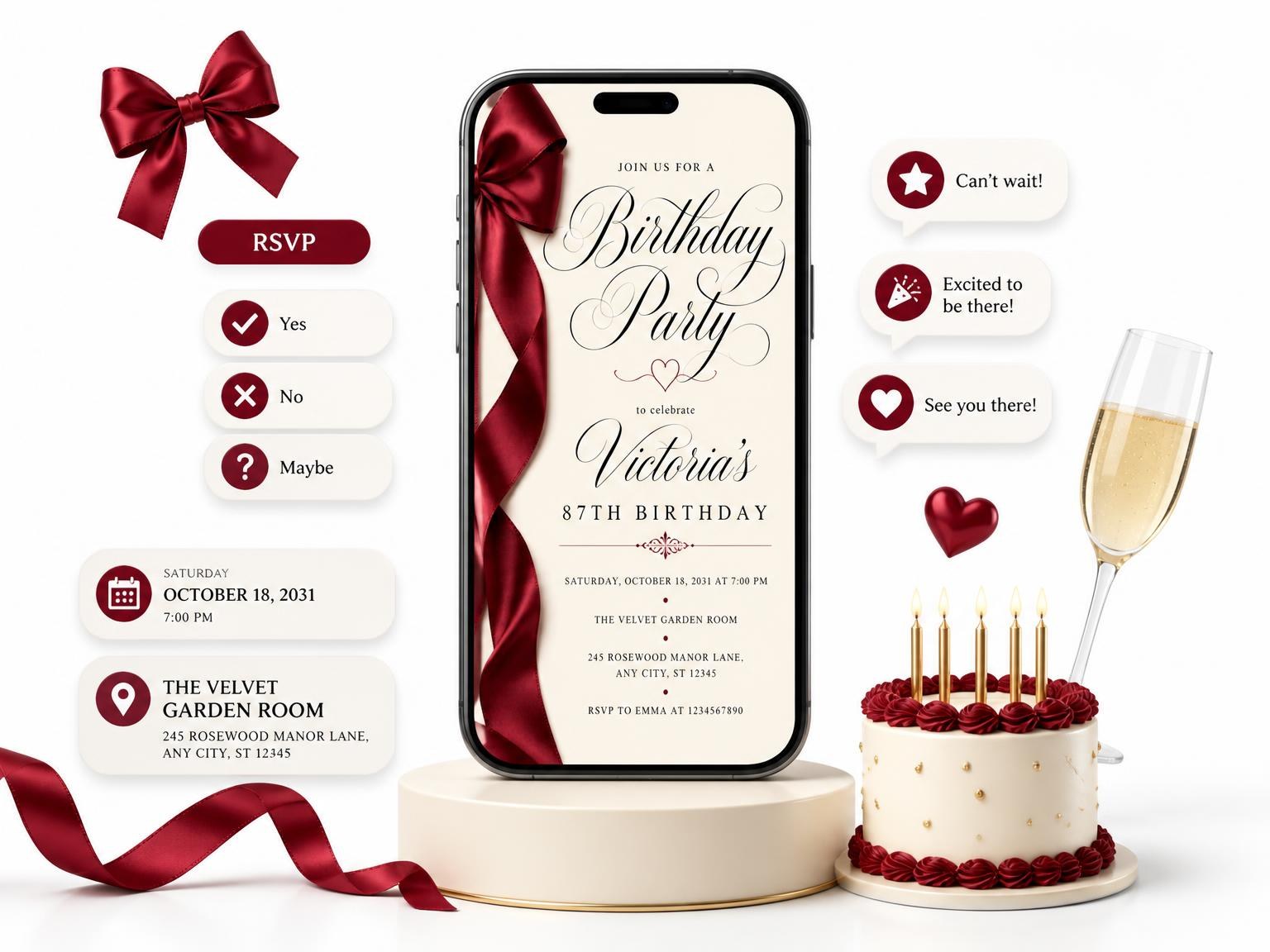 The Burgundy Satin Bow 87th Birthday Invitation invitation on a phone, with guest RSVPs arriving around it