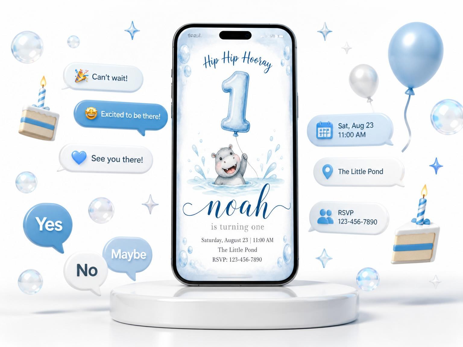 The Blue Watercolor Hippo 1st Birthday invitation on a phone, with guest RSVPs arriving around it