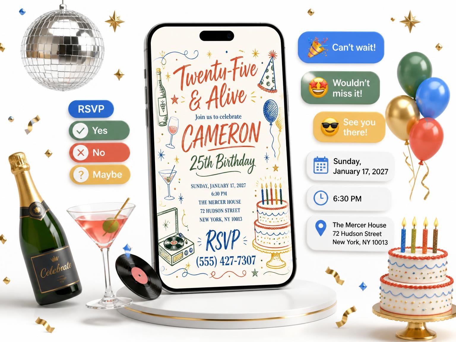 The Retro Doodle 25th Birthday Invitation invitation on a phone, with guest RSVPs arriving around it