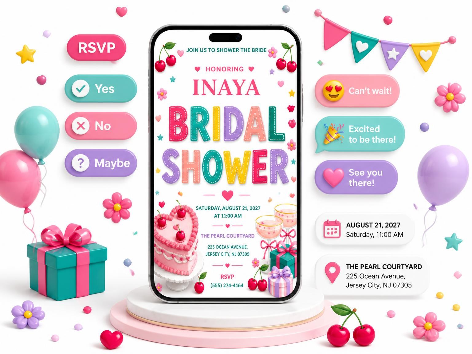 The Vintage Heart Bridal Shower Invitation invitation on a phone, with guest RSVPs arriving around it