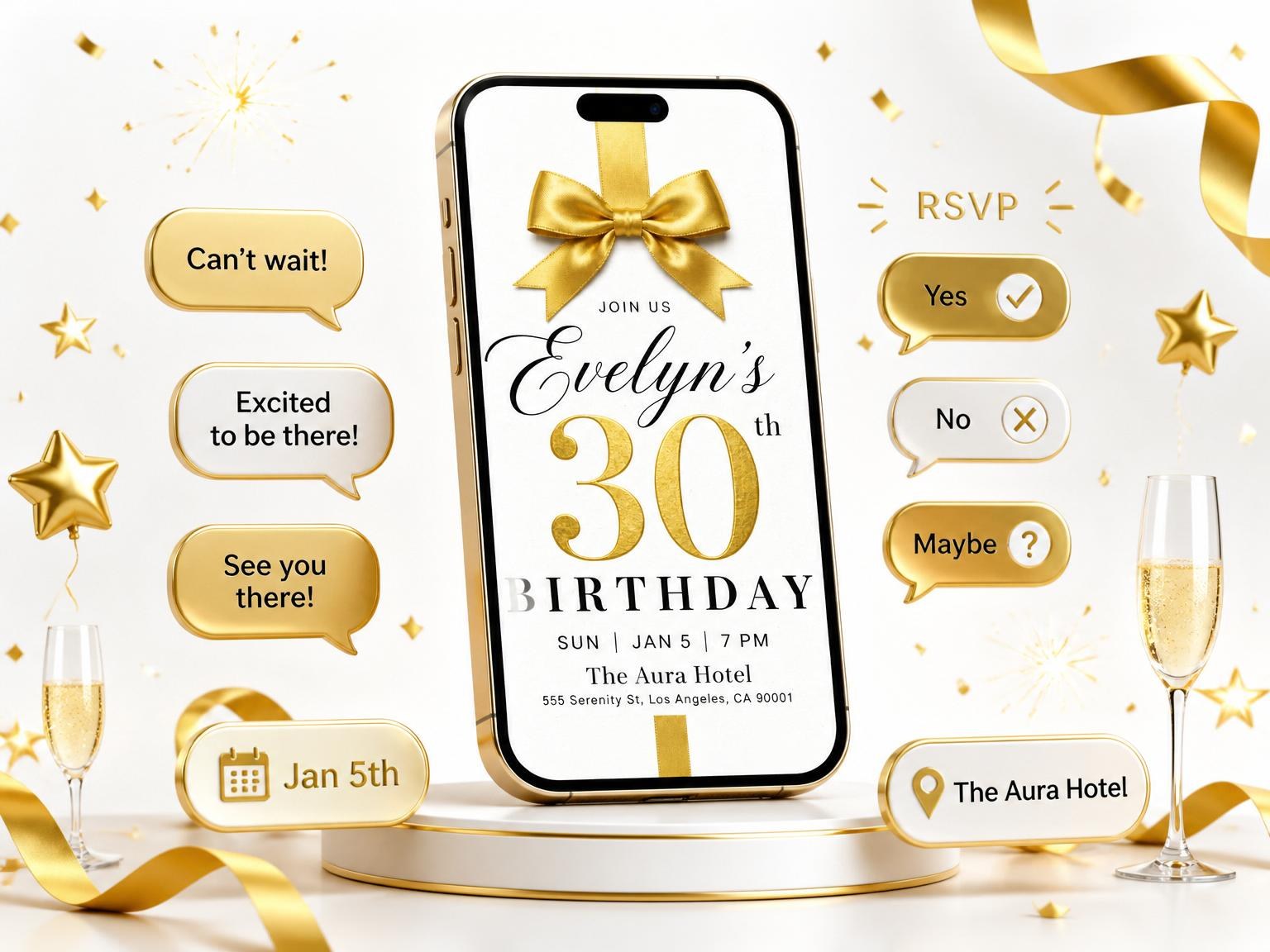 The Gold Ribbon 30th Birthday Invitation invitation on a phone, with guest RSVPs arriving around it