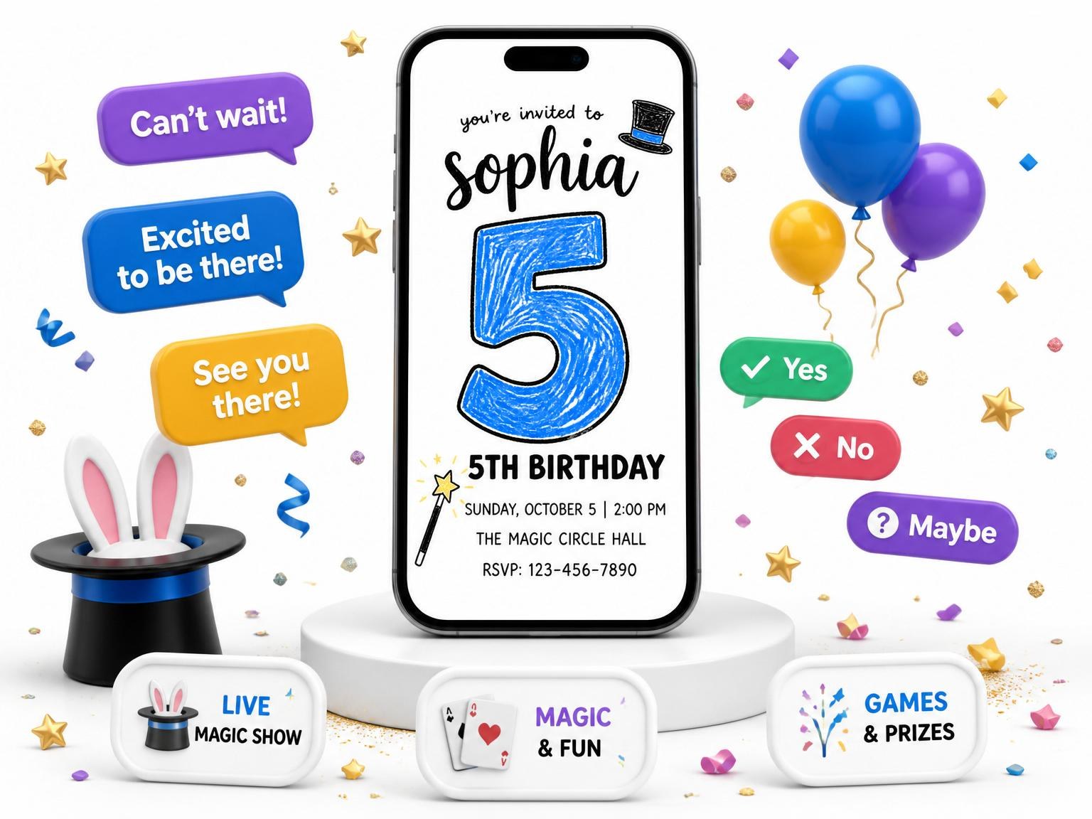 The Blue Crayon Illustration 5th Birthday invitation on a phone, with guest RSVPs arriving around it