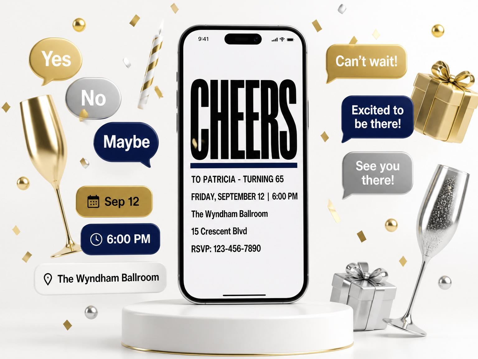 The Minimalist Bold Type 65th Birthday invitation on a phone, with guest RSVPs arriving around it