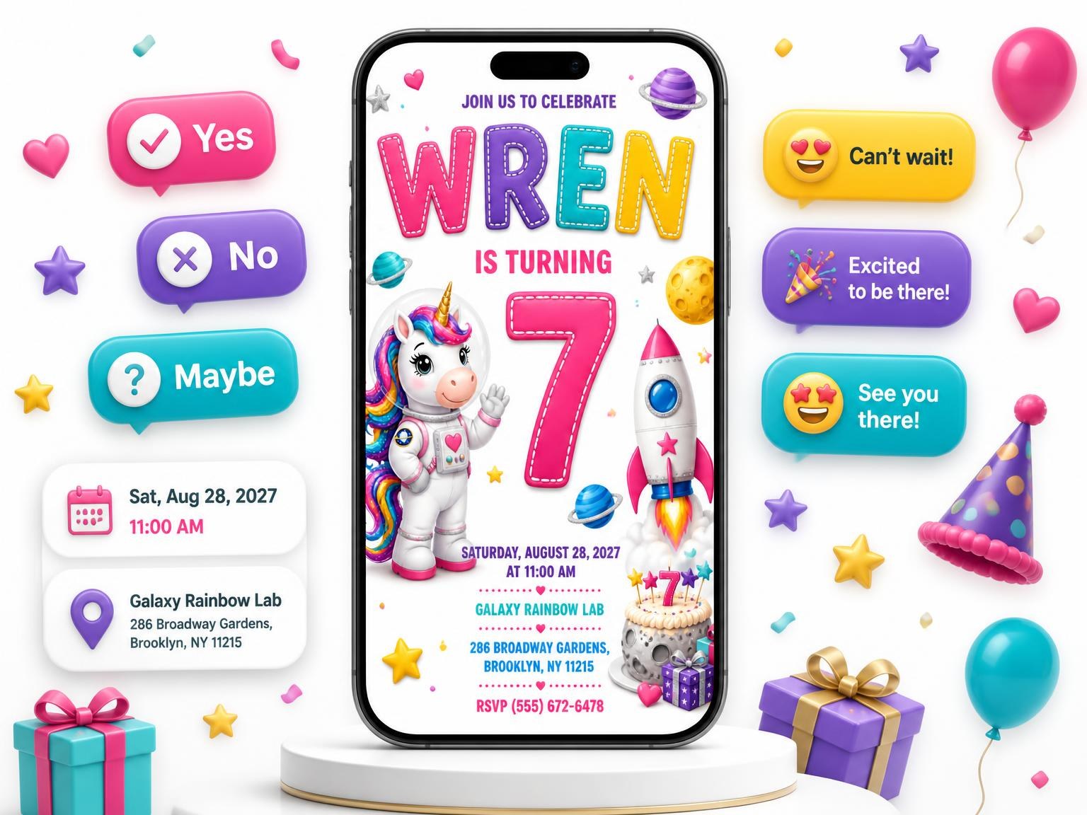 The Rocket Ship Stitched 7th Birthday Invitation invitation on a phone, with guest RSVPs arriving around it