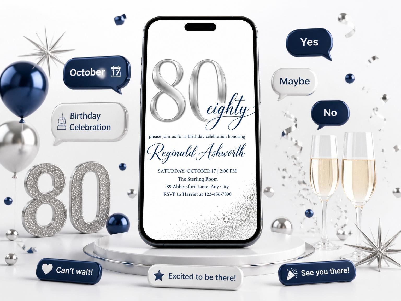 The Silver Metallic 80th Birthday Invitation invitation on a phone, with guest RSVPs arriving around it