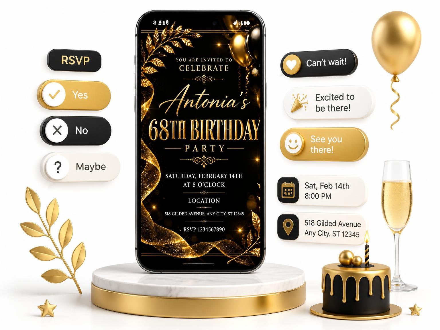 The Black and Gold 68th Birthday Invitation invitation on a phone, with guest RSVPs arriving around it