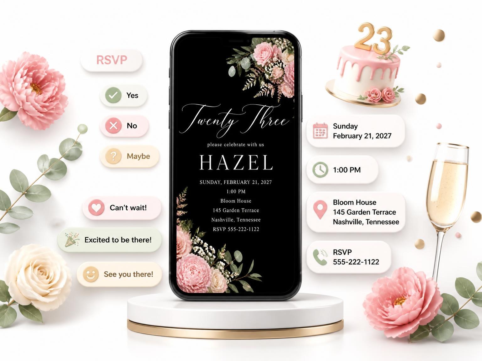 The Black Floral 23rd Birthday Invitation invitation on a phone, with guest RSVPs arriving around it