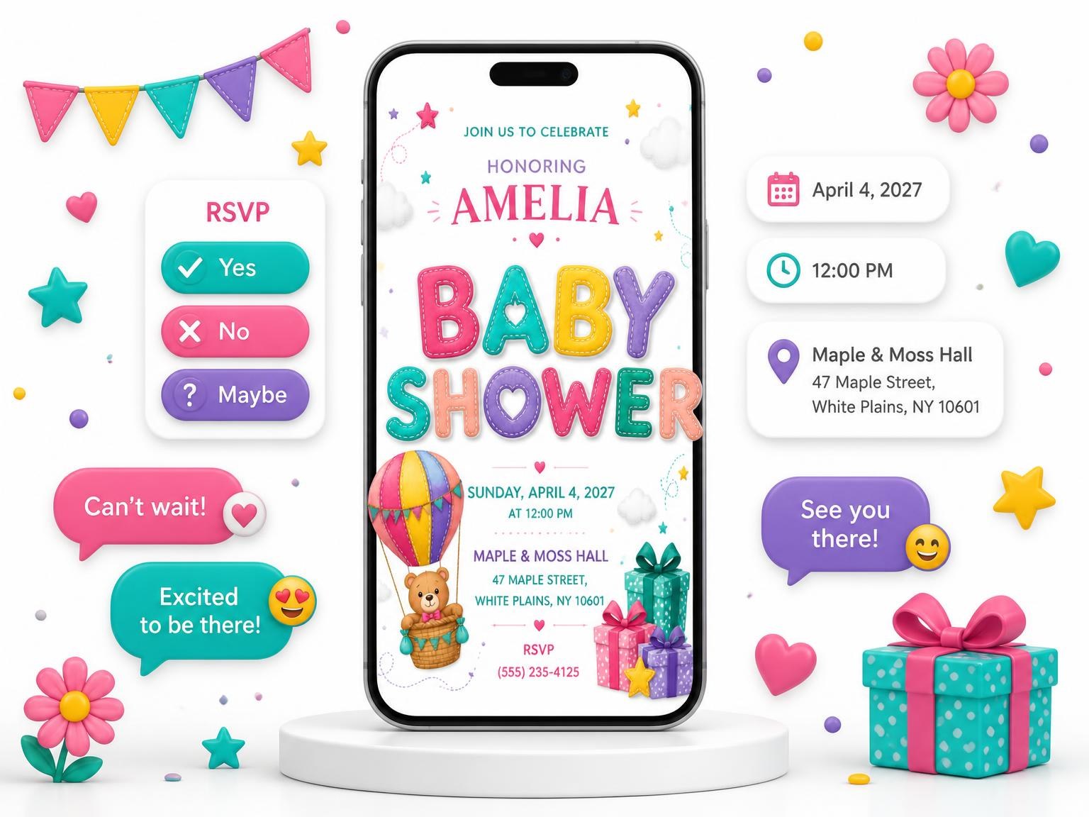 The Gift Box Baby Shower Invitation invitation on a phone, with guest RSVPs arriving around it