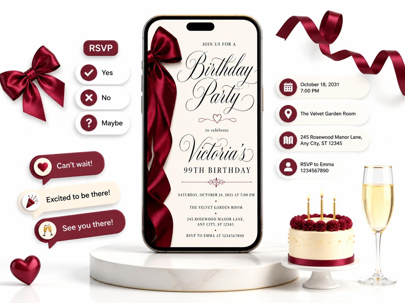 The Burgundy Satin Bow 99th Birthday Invitation invitation on a phone, with guest RSVPs arriving around it