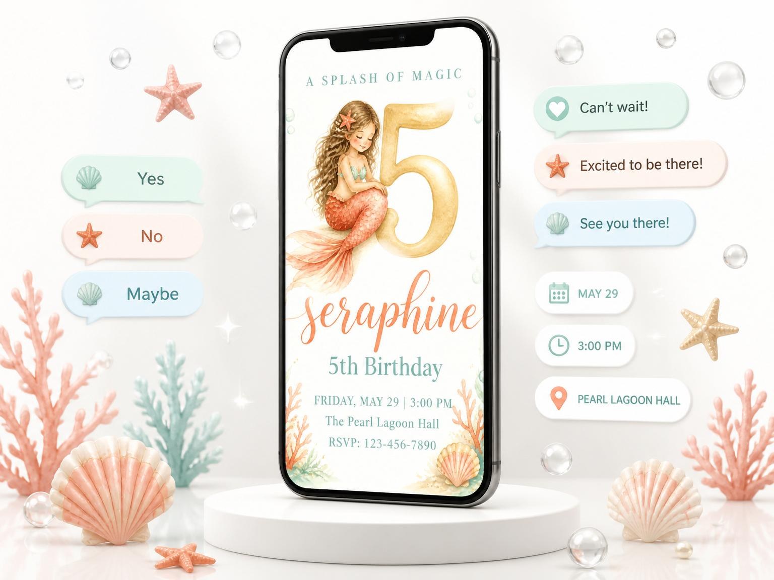 The Watercolor Mermaid Coral 5th Birthday invitation on a phone, with guest RSVPs arriving around it