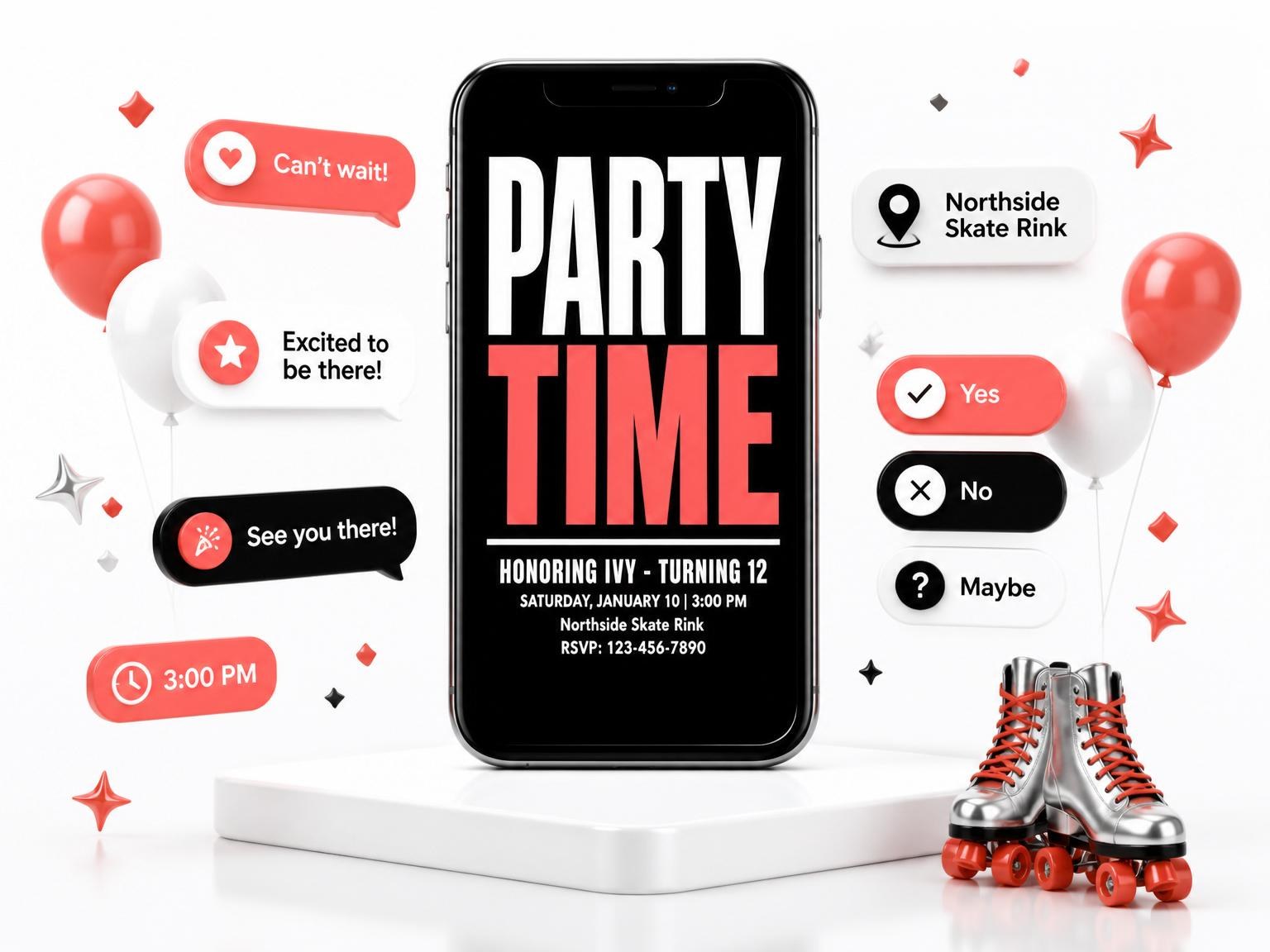 The Neon Red Minimalist 12th Birthday Invitation invitation on a phone, with guest RSVPs arriving around it