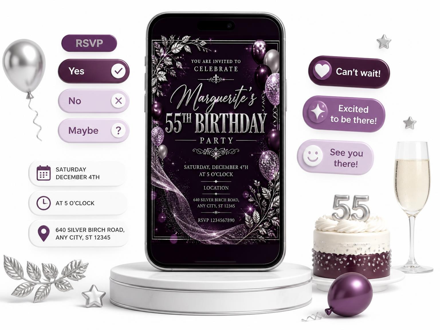 The Plum and Silver 55th Birthday Invitation invitation on a phone, with guest RSVPs arriving around it