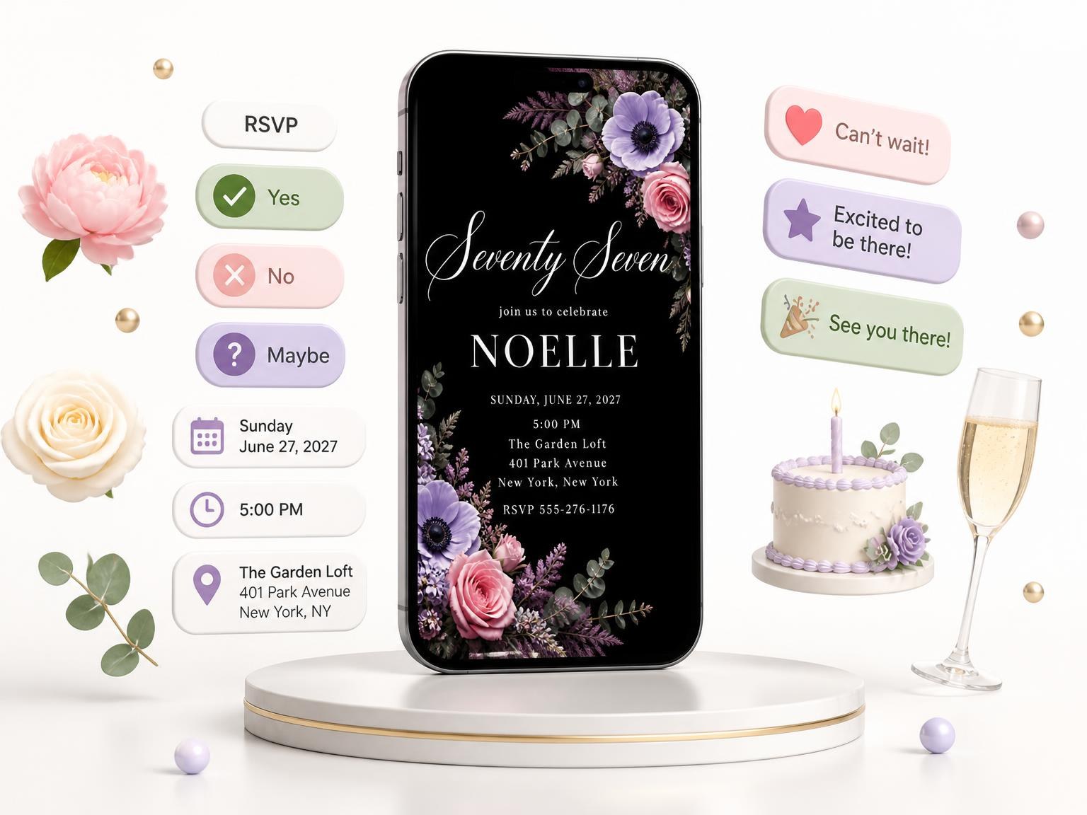 The Black Floral 77th Birthday Invitation invitation on a phone, with guest RSVPs arriving around it