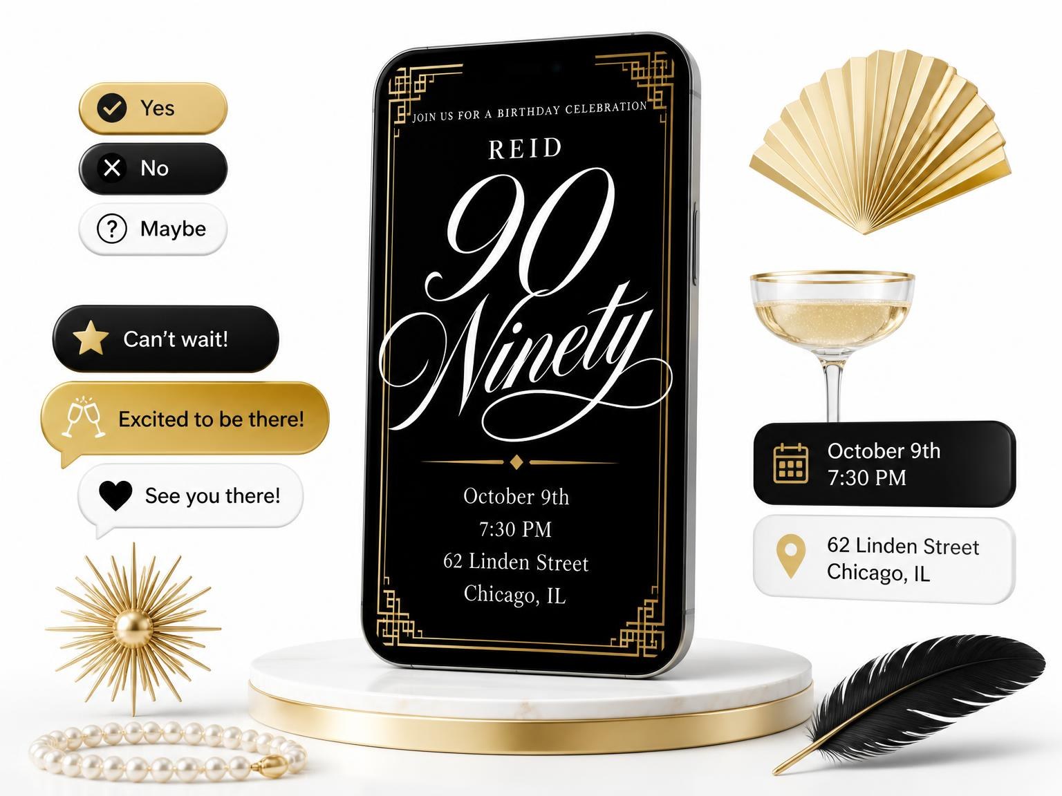 The Art Deco 90th Birthday Invitation invitation on a phone, with guest RSVPs arriving around it