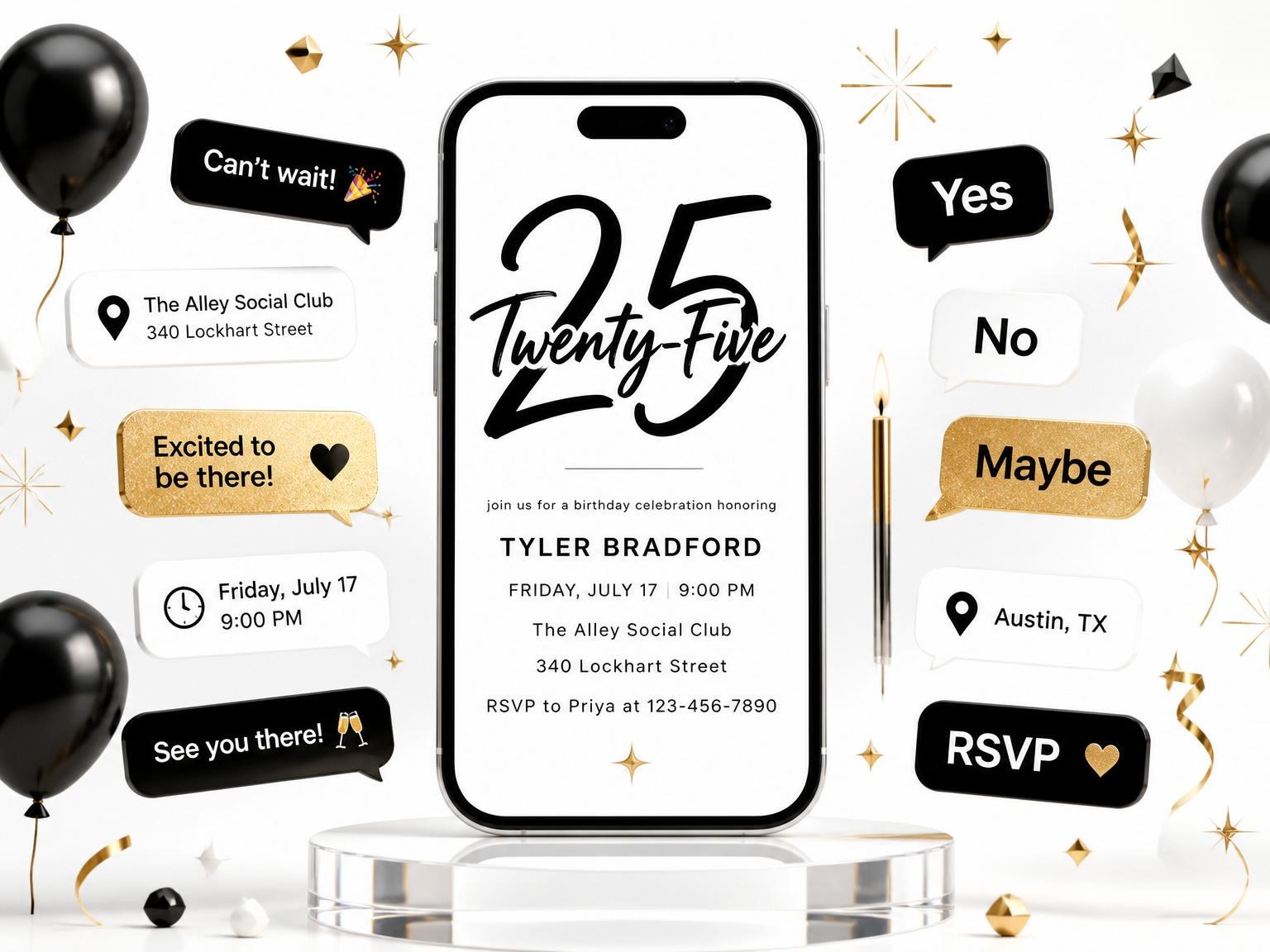 The Black Brush Script 25th Birthday invitation on a phone, with guest RSVPs arriving around it