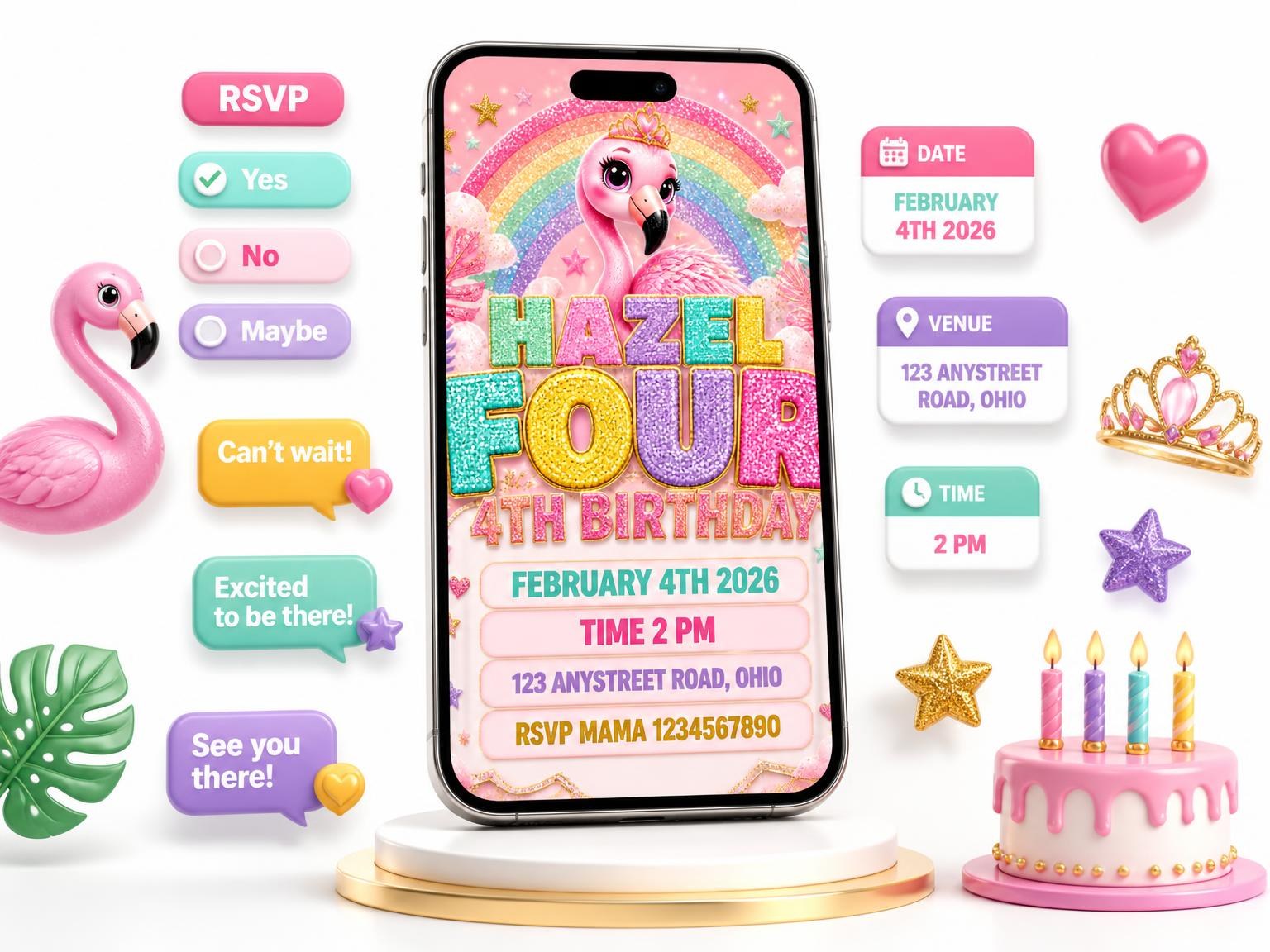 The Glitter Flamingo 4th Birthday Invitation invitation on a phone, with guest RSVPs arriving around it