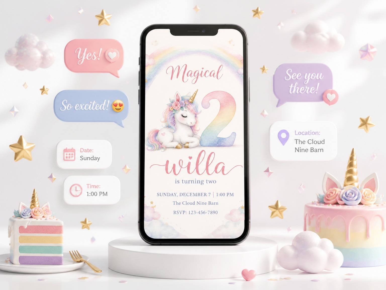 The Watercolor Pastel Unicorn 2nd Birthday invitation on a phone, with guest RSVPs arriving around it