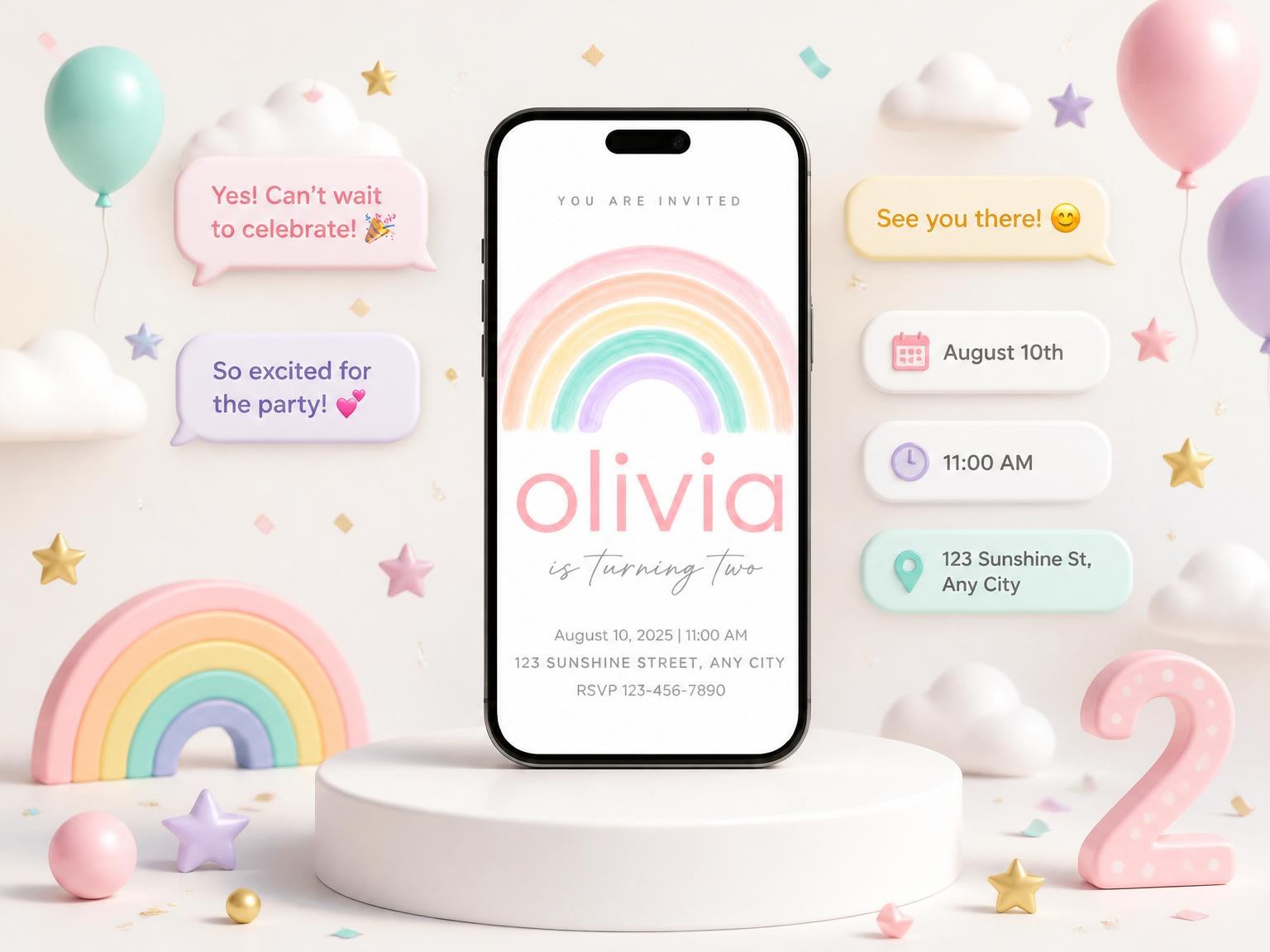 The Pastel Hand-Painted Rainbow 2nd Birthday invitation on a phone, with guest RSVPs arriving around it