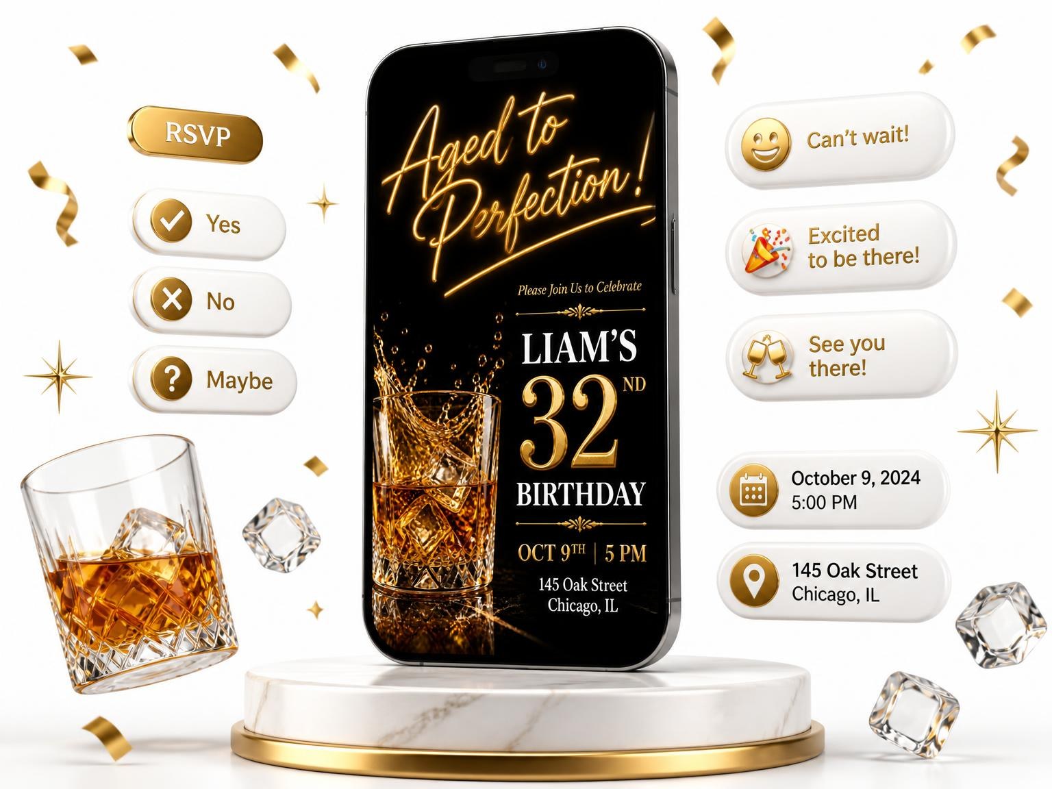 The Whiskey Glass 32nd Birthday Invitation invitation on a phone, with guest RSVPs arriving around it