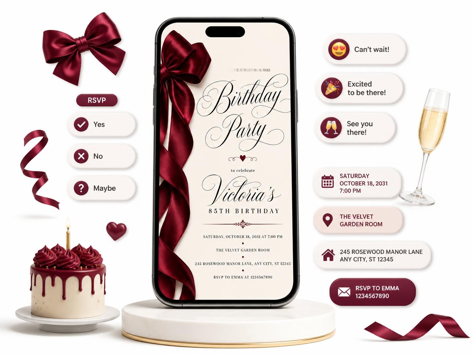 The Burgundy Satin Bow 85th Birthday Invitation invitation on a phone, with guest RSVPs arriving around it