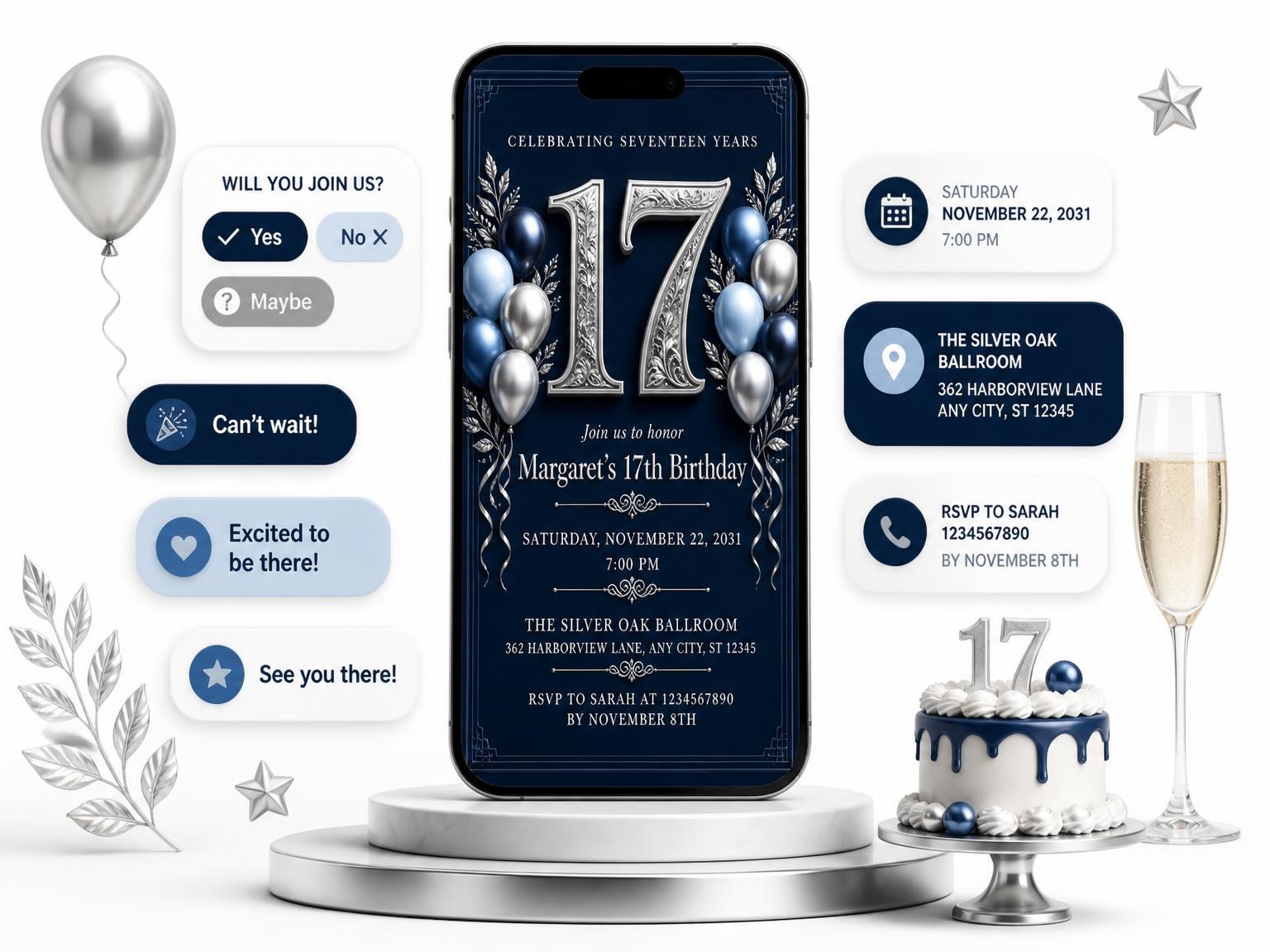 The Navy and Silver 17th Birthday Invitation invitation on a phone, with guest RSVPs arriving around it