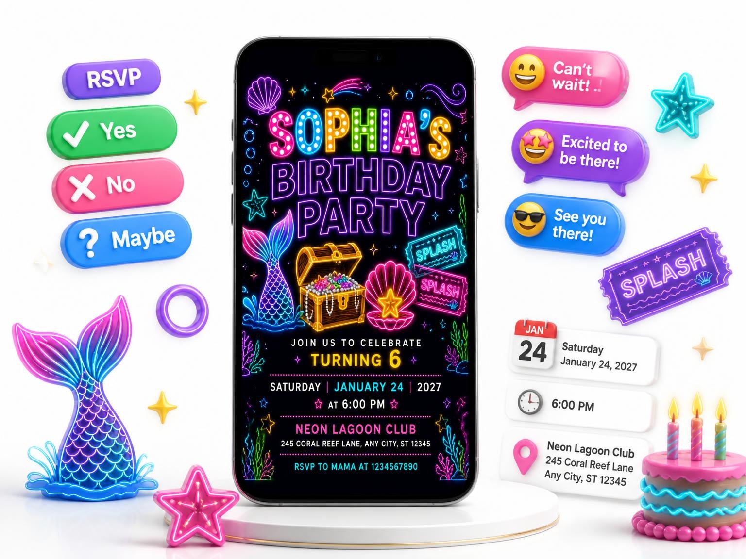 The Neon Mermaid 6th Birthday Invitation invitation on a phone, with guest RSVPs arriving around it