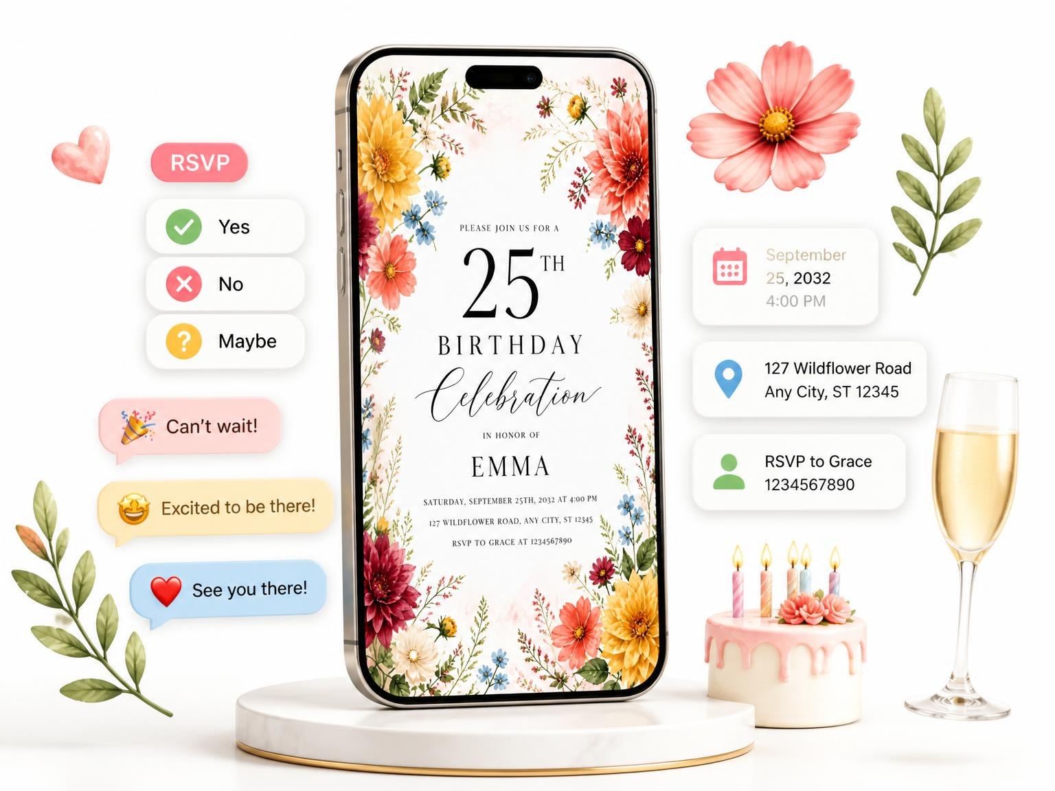 The Golden Watercolor Dahlia 25th Birthday Invitation invitation on a phone, with guest RSVPs arriving around it