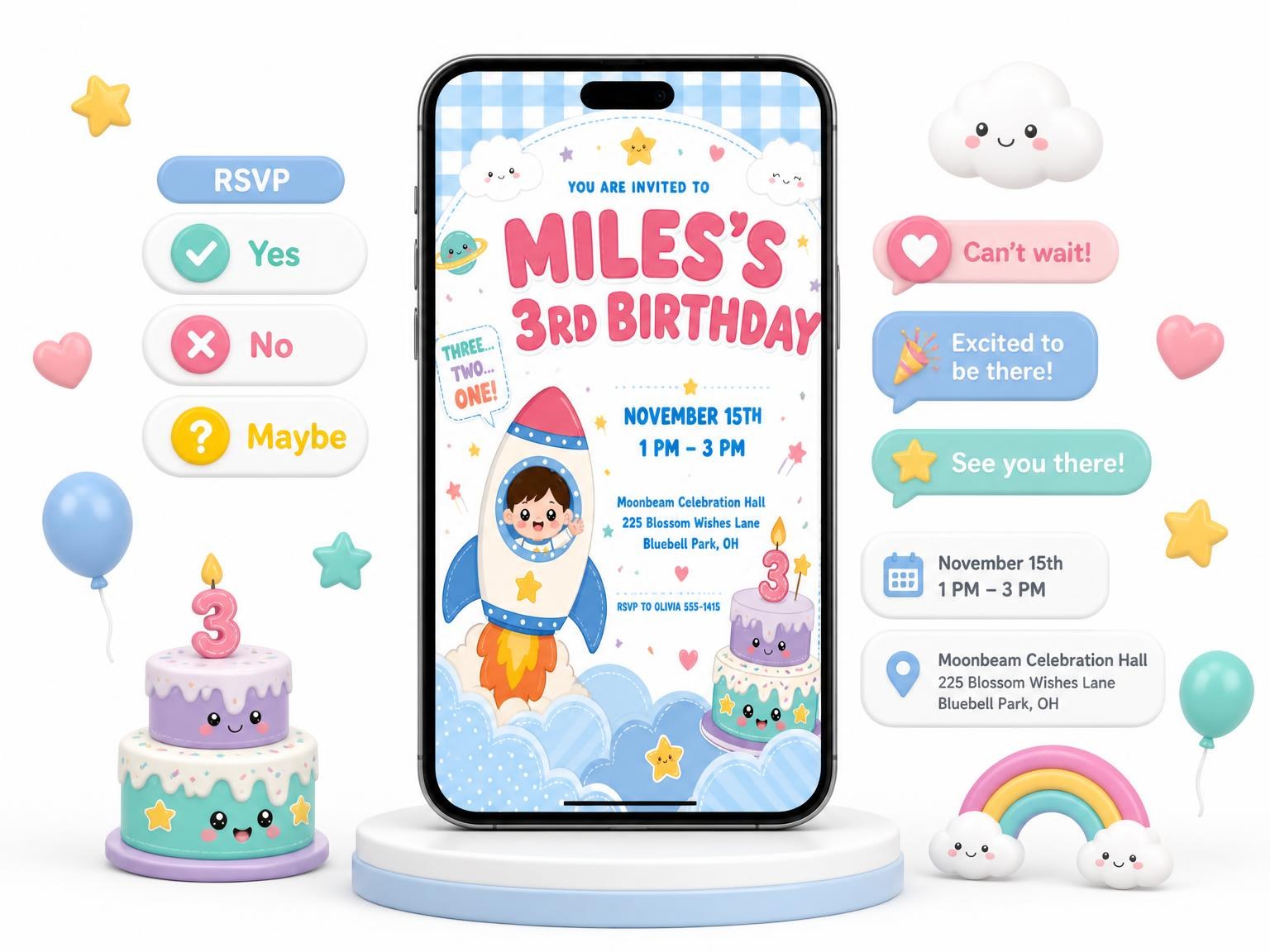 The Kawaii Rocket Ship 3rd Birthday Invitation invitation on a phone, with guest RSVPs arriving around it