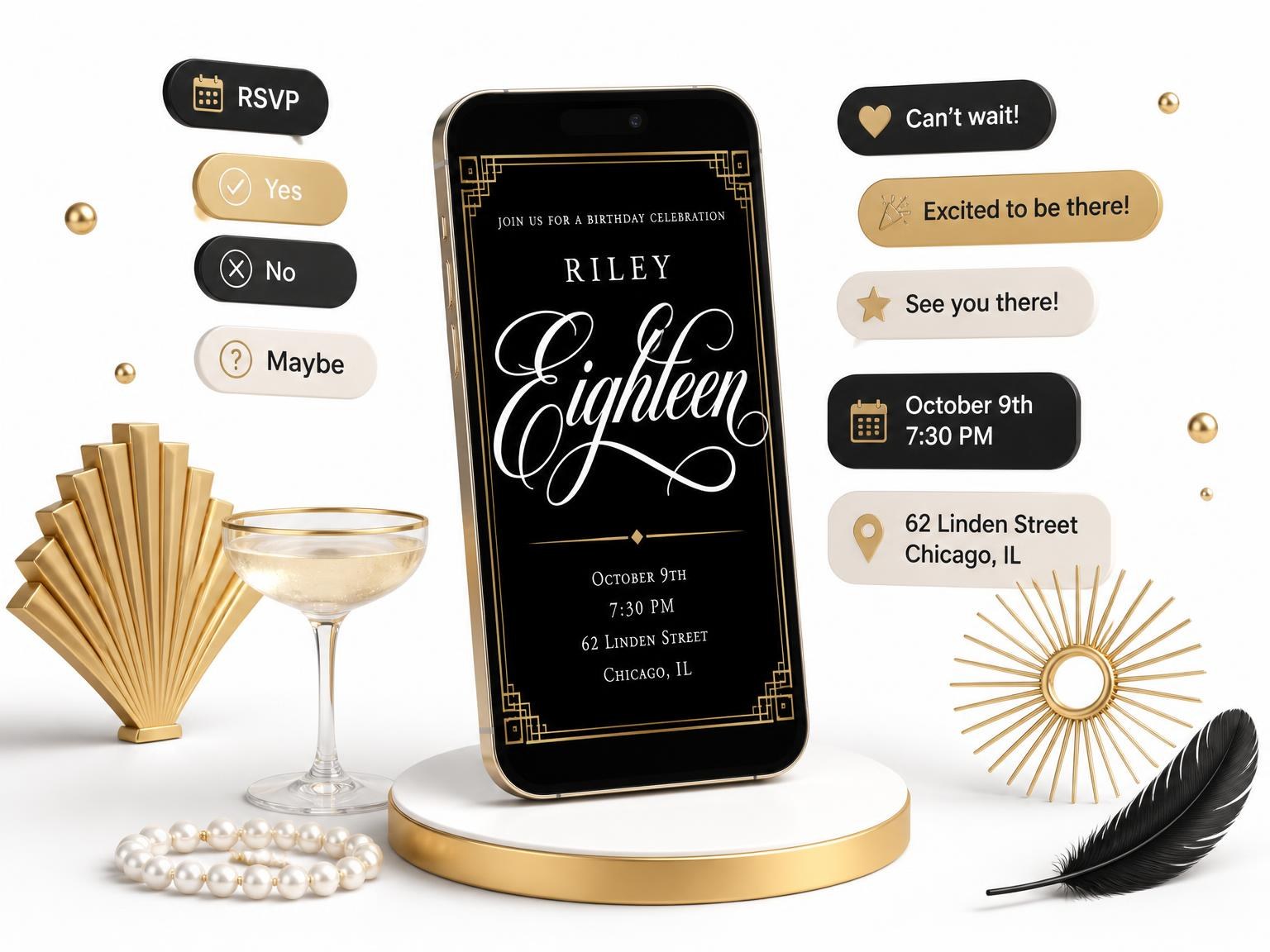 The Art Deco 18th Birthday Invitation invitation on a phone, with guest RSVPs arriving around it
