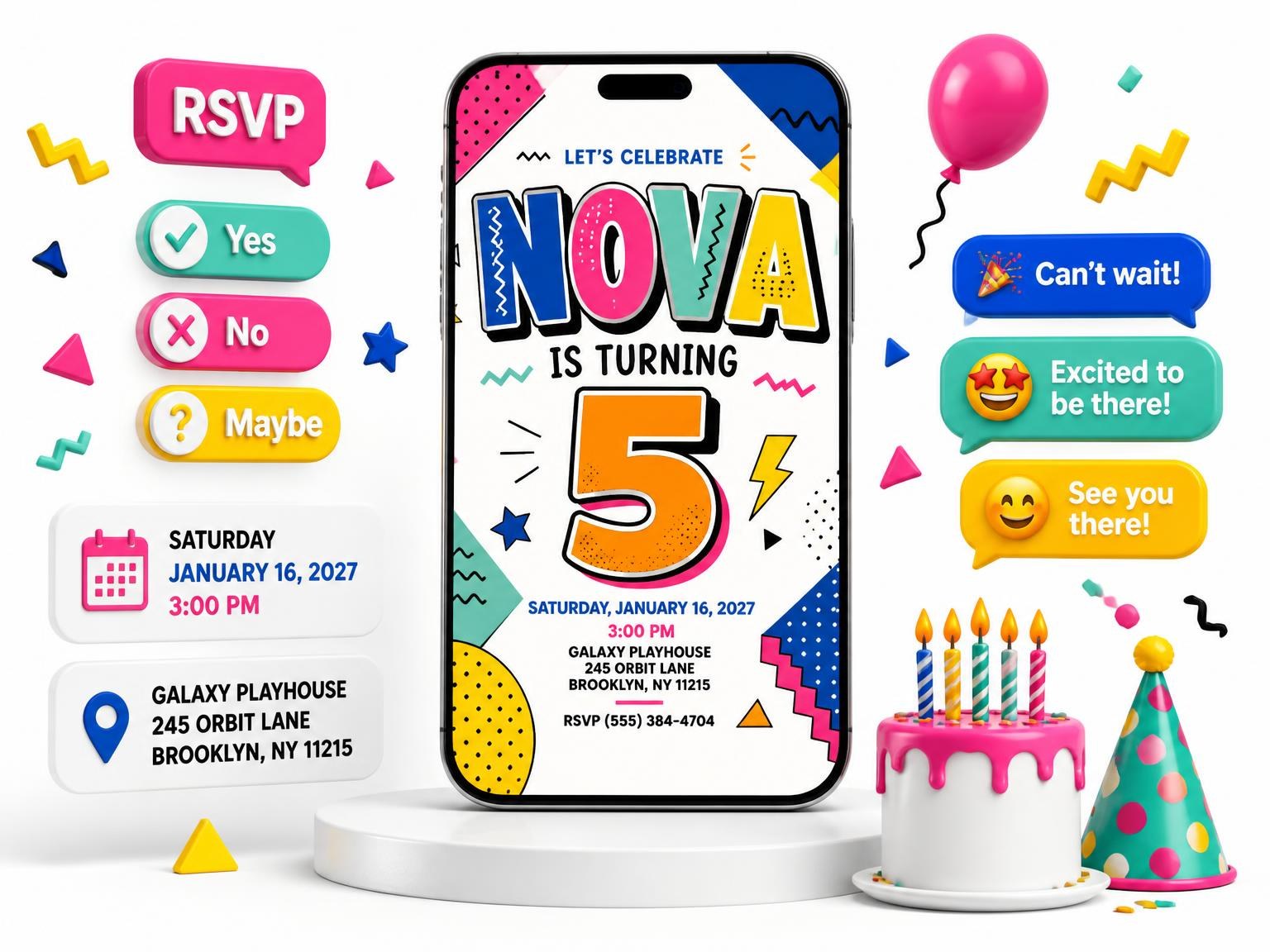 The Memphis Pop 5th Birthday Invitation invitation on a phone, with guest RSVPs arriving around it