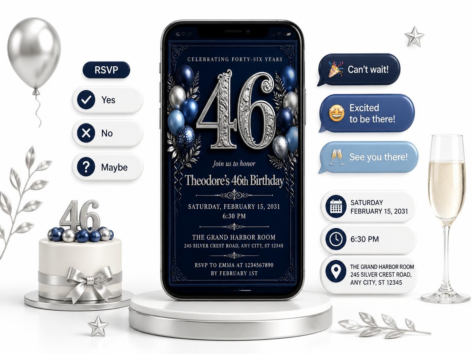 The Navy and Silver 46th Birthday Invitation invitation on a phone, with guest RSVPs arriving around it