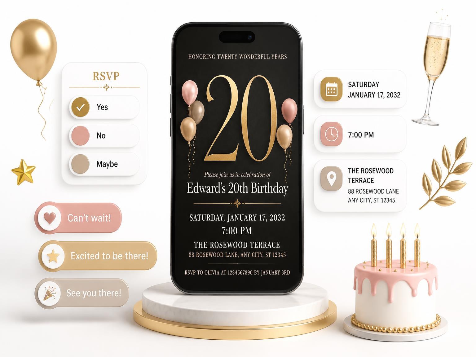 The Charcoal and Blush 20th Birthday Invitation invitation on a phone, with guest RSVPs arriving around it